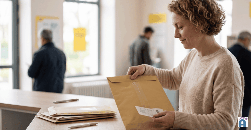 Candidate au concours ATSEM qui envoie son dossier d'inscription.