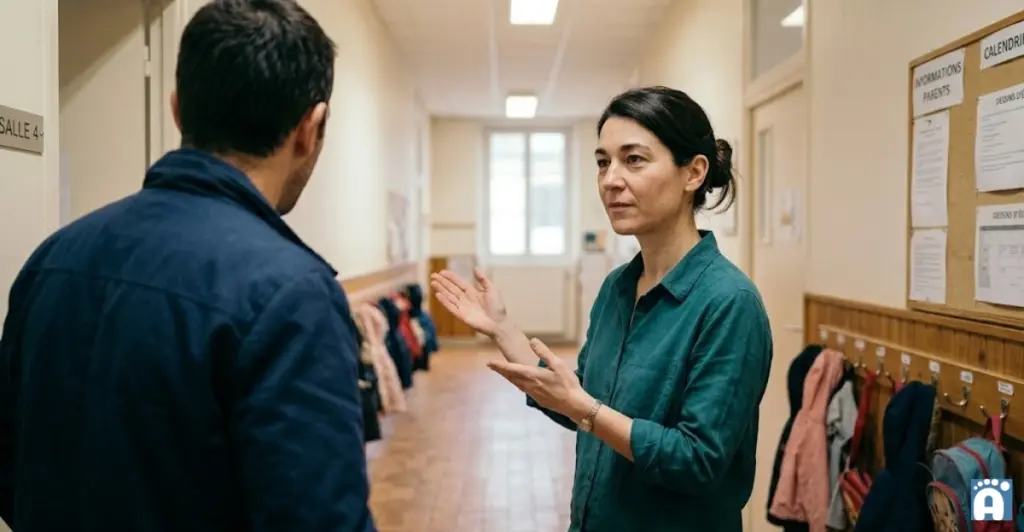 ATSEM en discussion avec un parent d'élève