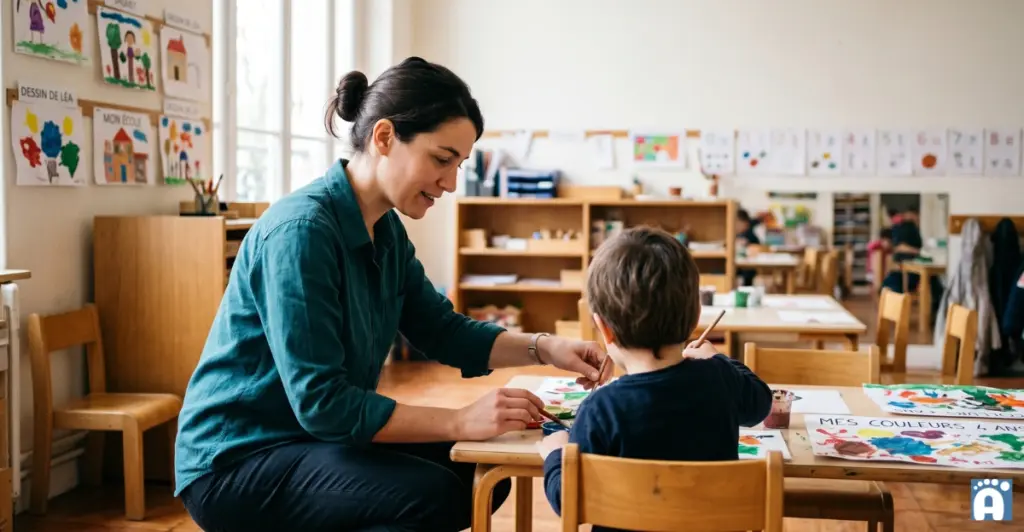 ATSEM qui aide un enfant lors d'une activité peinture en classe