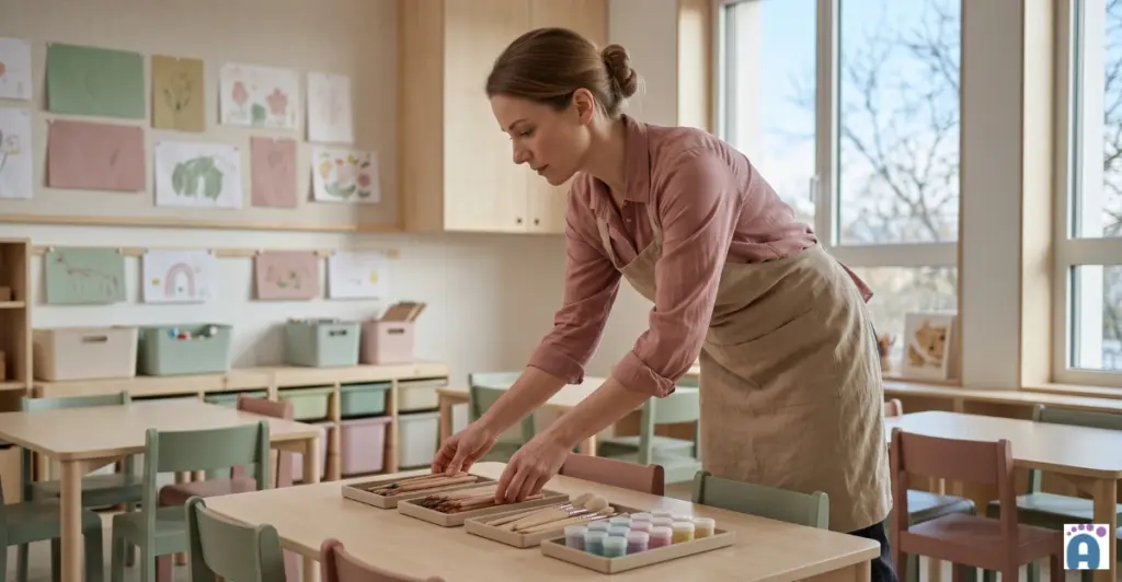 Une ATSEM prépare les ateliers et le matériel pédagogique dans une école maternelle avant l'arrivée des élèves.