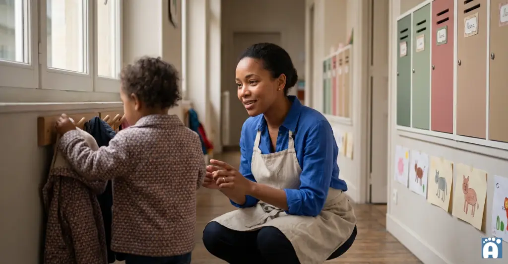 Une ATSEM accueille un enfant en école maternelle et l'accompagne dans son installation en classe.