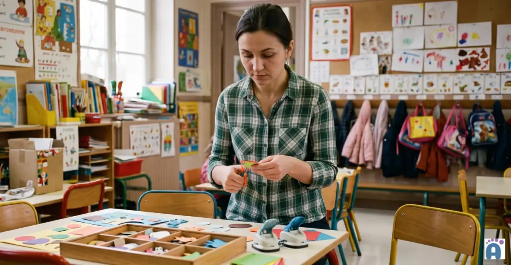 ATSEM debout qui fait du découpage pour un atelier.