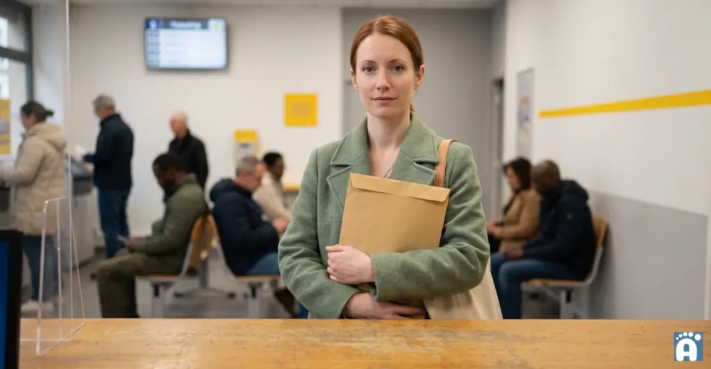 Femme à la poste avec son dossier complet d'inscription au concours ASTEM.