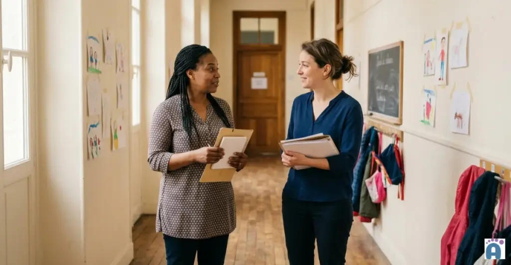 Une ATSEM et une enseignante échangent dans le couloir d'une école maternelle.