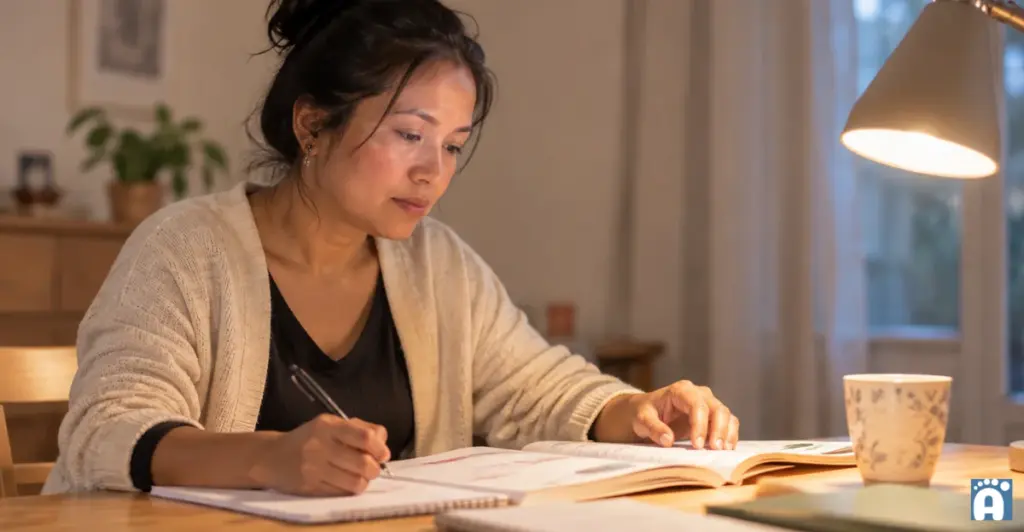 Une femme révise pour le concours ATSEM.