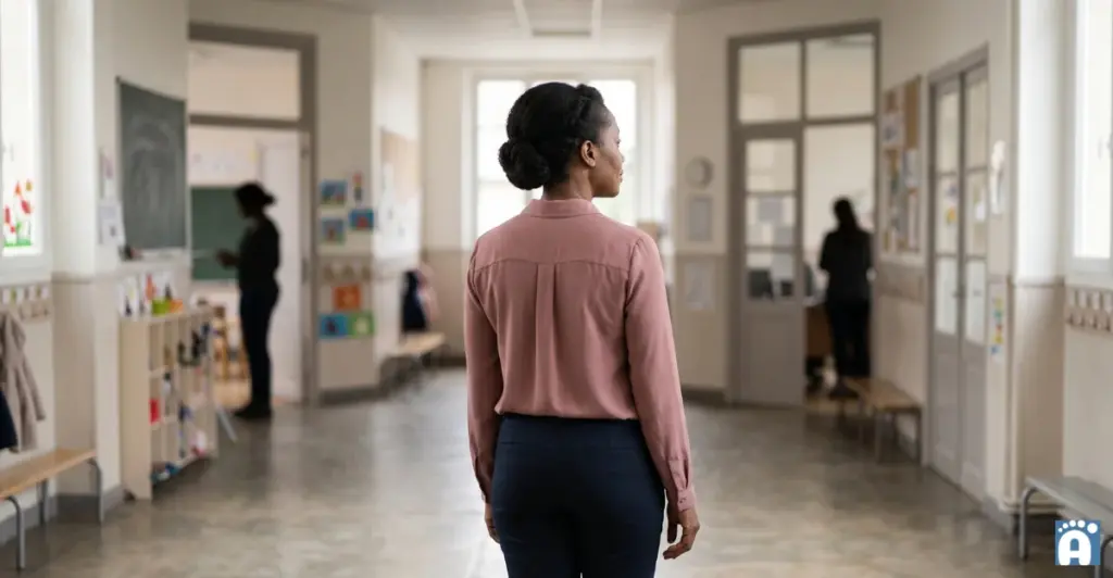 ATSEM dans un couloir d'école maternelle.